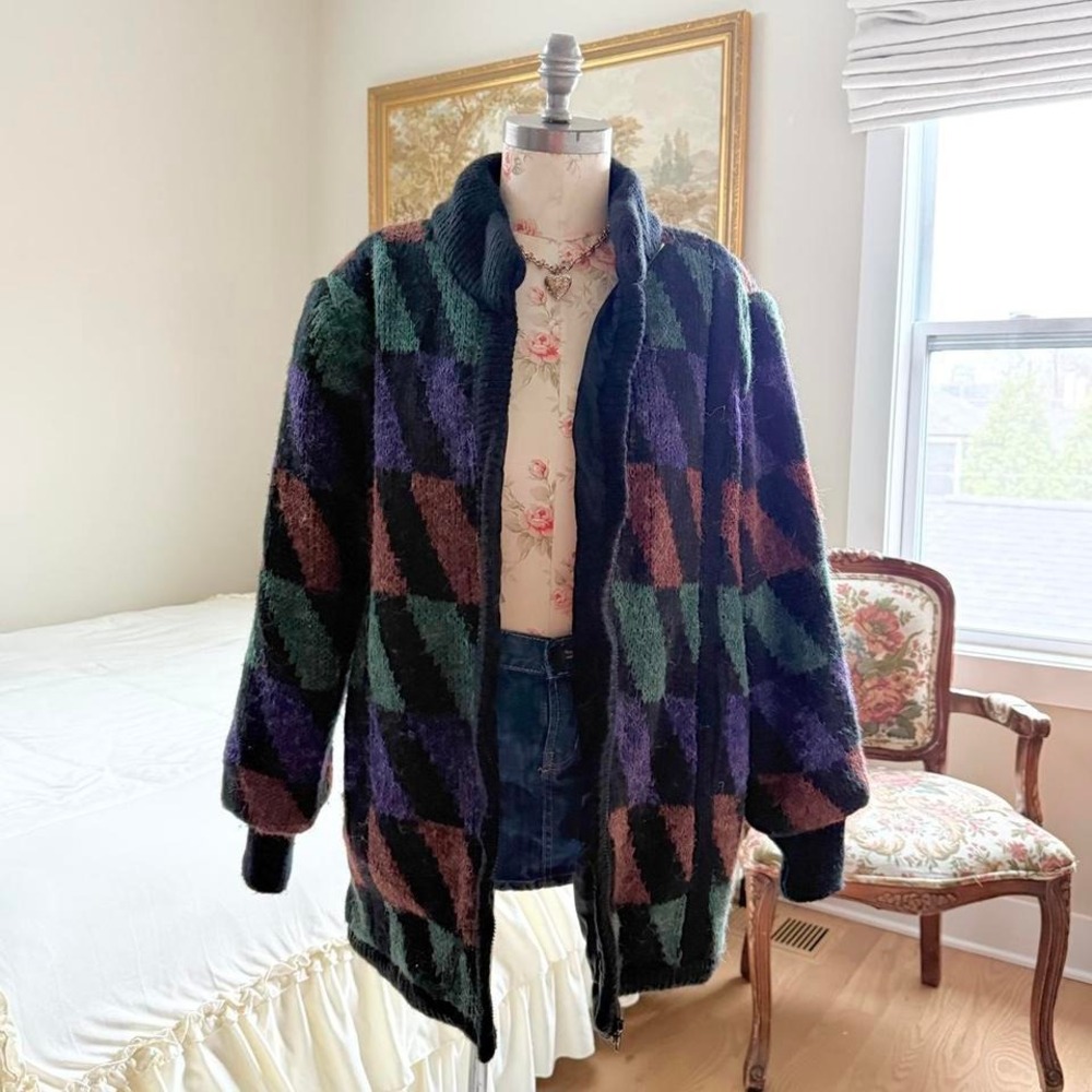 90s‎ geometric chunky knit lined coat Aurora International size large